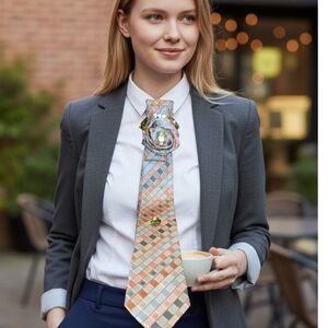 Pastel Checkered Silk Tie with Decorative Brooch